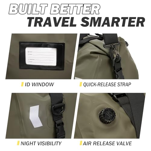 Waterproof Duffel Bag 40L - Heavy Duty Dry Bag Backpack for Motorcycle Travel, Kayaking, Boating & Camping - Watertight Roll Top Gear Bag with Air Valve & Reflective Strips for Men, Women - color: green, size: 40L