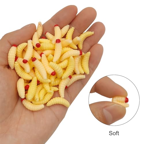 100pcs Bass Fishing Worms Lures, Silicone Soft Maggot Baits Bread Worm Fishing Lures, Bread Worm Wax Worms for Trout Panfish, Fresh Water Fishing Lures Set, 2 Styles