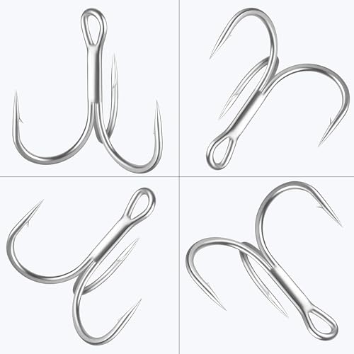 Fishing Treble Hooks Triple Fishing Hooks High Carbon Steel Barbed Sharp Round Bend Treble Hooks Replacement for Hard Lures Bait - color: Silver, size: 10#-50pcs