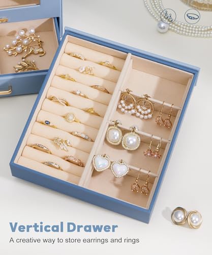 Homde Jewelry Organizer Girls Women Jewelry Box for Necklaces Rings Earrings Gift Bracelets Storage Case (Grey Blue + Gold) - color: Grey Blue + Gold
