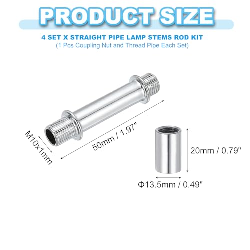 PATIKIL Straight Pipe Lamp Stems Rod Kit, 4Set M10 Carbon Steel 50mm(1.97") Long Double End Thread Rod with Coupling Nuts Sleeve Connector for Table Lamps Chandeliers, Silver Tone - color: Silver Tone, size: 50mm(1.97")