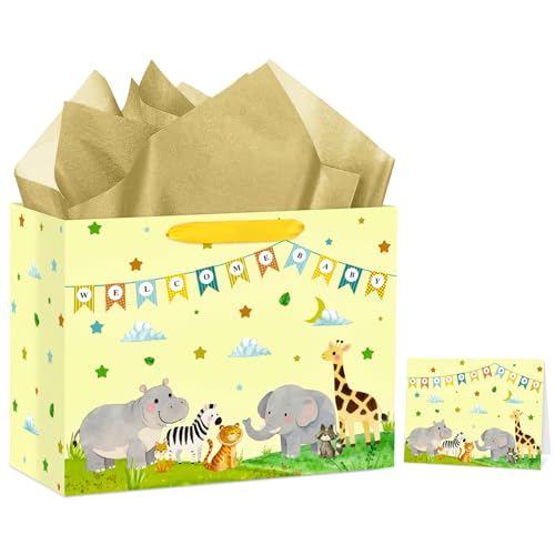 Hooqict Large Baby Boy Girl Gift Bag Baby Shower Wrapping Gift Bag with Handles, Tissue Paper, Greeting Card for Newborn Baby Shower Gender Reveal 1st Birthday Party Favors Supplies - color: Baby