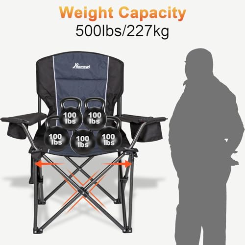 Romswi Oversized Camping Chairs,Heavy Duty Support 500 LBS,Padded Back & Arm Sport Chairs, Cup Holder Cooler Bag, Collapsible Folding Chairs for Outdoor, Fishing & Garden, Black,2-Pack - color: Black, style: XL Large