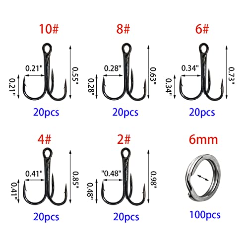 200 Pack Fishing Treble Hooks Kit High Carbon Steel Hooks Strong Sharp Round Bend with Split Rings for Lures Baits Saltwater Freshwater Fishing Size 2# 4# 6# 8# 10# - color: Mixed 200pcs