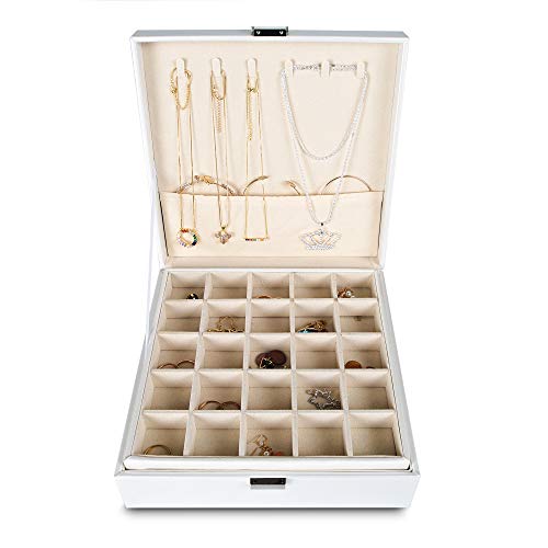 Frebeauty Earring Organizer Classic Jewelry Box 50 Slots Double Layer Jewelry Storage Case with 6 Necklace Hook and Bracelet Pocket(Pearl White) - color: White