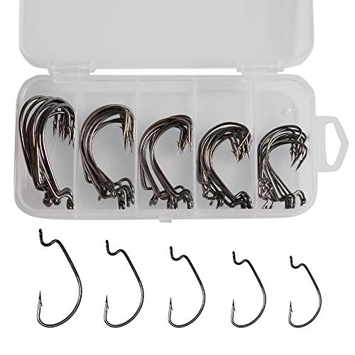 50pcs Offset Fishing Hooks Worm Hooks Black High Carbon Steel Senko Bait Fishing Hooks 5 Sizes 4/0 3/0 2/0 1/0 1#