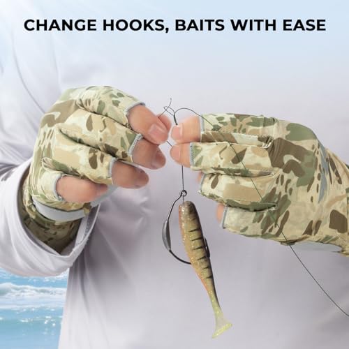 KastKing Agies Fishing Gloves Men, UPF 50+ Sun Gloves UV Protection, Cooling Quick-Dry 3/4 Fingerless Gloves with Extended Cuff, Microfiber Palm & Pull Tabs, for Fishing, Kayaking, Hiking, Hunting - color: X Camo-Multi Purpose, size: Large-X-Large