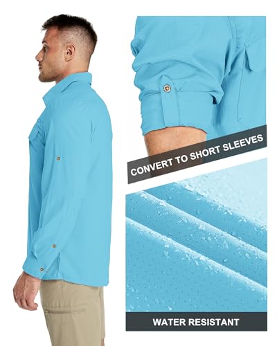 33,000ft Men's Long Sleeve Sun Protection Shirt UPF 50+ UV Quick Dry Cooling Fishing Shirts for Travel Safari Camping Hiking - color: Bright Blue, size: 3X-Large