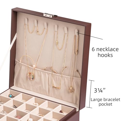 Frebeauty Earring Organizer Classic Jewelry Box 50 Slots Double Layer Jewelry Storage Case with 6 Necklace Hook and Bracelet Pocket(Dark Brown) - color: Dark Brown