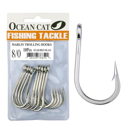 OCEAN CAT Classic Fishing Hook Stainless Steel Barbed Offset Point Octopus Circle Fishing Hooks Trolling Hooks Fishing Tackle for Saltwater and Freshwater Fishing - size: 8/0