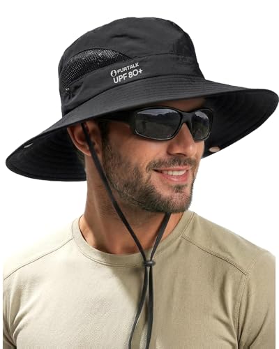 FURTALK Mens Bucket Sun Hat UPF 80+ Wide Brim Hiking Fishing Beach Outdoor Hats - color: Black