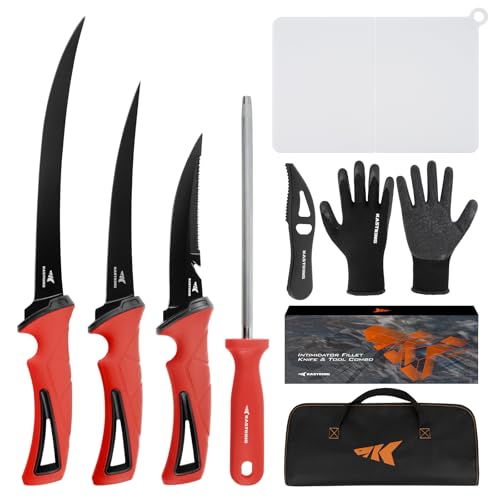 KastKing Intimidator Fillet Knife Set – G4116 German Stainless-Steel Blades, Non-Slip Handle, Includes Folding Fillet Board, Fish Scaler, Rubber-Coated Gloves, Honing Rod, and Durable Storage Bag, Fishing Gear and Gifts for Men - color: Fish Cleaning Kit