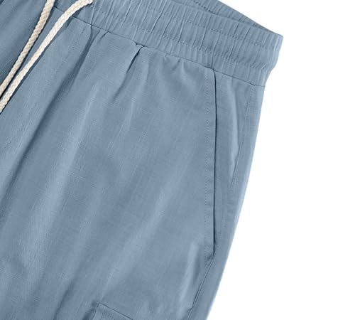 Mens Casual Linen Cargo Shorts Summer Fashion Solid Color Drawstring Elastic Waisted Beach Shorts Pockets - color: Blue, size: Small