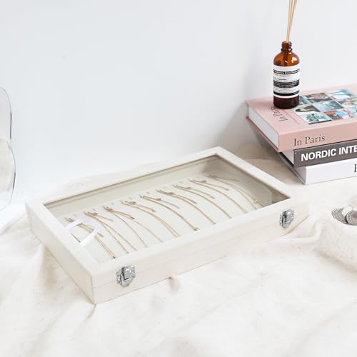 Wudygirl Necklace Organizer with Clear Glass Lid Stackable Jewelry Organizer Tray with 20 Hooks for Necklace Bracelet(Beige Necklace Box) - color: Beige, size: Necklace