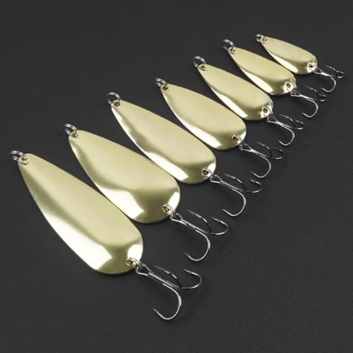 Fishing Spoons Fishing Lures Kit, 5pcs Gold Metal Jigging Casting Lure Trolling Spoon with with Treble Hooks for Trout Salmon Bass Walleye Trout - size: 3/8oz(10g)