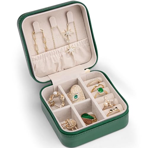 VLANDO Small Travel Jewelry Box Organizer - Girls Women Gift Rings Earrings Necklaces Jewelry Storage Display Case Dark Green - color: H.Dark Green