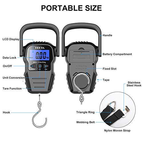 HEETA Fish Scale with Backlit LCD Display, Up to 110lb/50kg Digital Portable Hanging Fish Weight Scale with Hook & Measuring Tape for Home, Farm, Outdoor, Hunting, Fishing, 2 AAA Batteries Included - color: Black