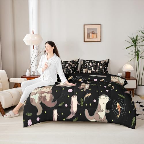 Erosebridal Sea Otters Comforter Set with Sheets Full Size Koi Fish 7-Piece Bedding Set for Kids Boys Girls Lap Otter Cute Natural Farmhouse Leaves Beige Black Lightweight Bed in A Bag - color: Beige Black, size: Full
