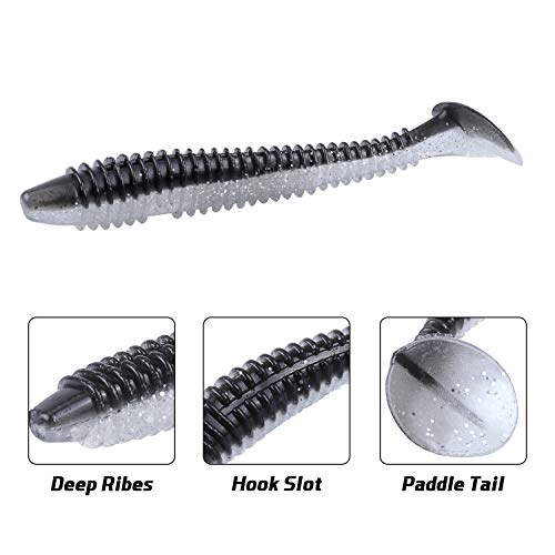 RUNCL Swimbaits Paddle 10/20/30/40PCS, 5/4/3/2 Inchs Paddle Tail, Soft Lure for Trout Crappie Bass, Durable Plastic Bait Swimmer for Saltwater/Freshwater, Fishing Lover's Gift - color: Black Silver, size: 4in, 20pcs
