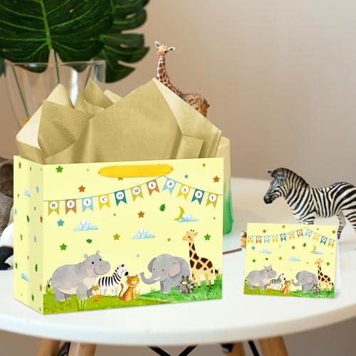 Hooqict Large Baby Boy Girl Gift Bag Baby Shower Wrapping Gift Bag with Handles, Tissue Paper, Greeting Card for Newborn Baby Shower Gender Reveal 1st Birthday Party Favors Supplies - color: Baby