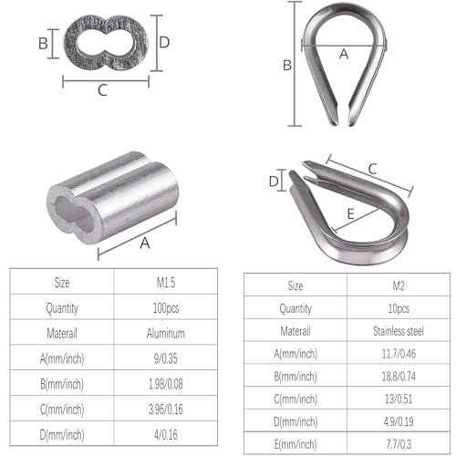 Wire Rope Crimping Tool Kit, 100FT Stainless Steel Cable, 100PCS Aluminum Crimping Loop Sleeve, Wire Rope Thimble