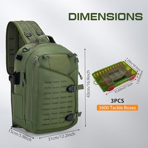Goture Green Tackle Bag with 3600 Trays, Rod Holder 900D Fishing Tackle Storage Bag for Kayak, Shore Fishing - color: Green, style: 900d Water-resistant Oxford Backpack + (3)3600 Trays