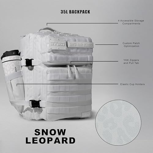 WOLFpak 35L Athletic Gym Backpack (Snow Leopard) Durable 1000D Waterproof Oxford Material with MOLLE Webbing, Laptop Pocket & Dual Cup Holders, Durable Fitness/Travel/Military Daypack