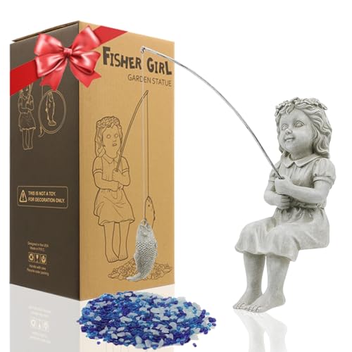 Goodeco Fishergirl Statue Garden Decor - 11" Little Fishing Guy for Koi Pond or Waterfalls, Poolside Statue with Glow in Dark Pebbles Included, Great Gifts for Mom, Women or Birthdays, Gift Ideas - color: Fishergirl