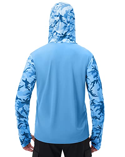 FISHEAL Men's Performance Fishing Hoodie Shirt - UPF 50+ UV Sun Protection Long Sleeve Shirts with Mesh Face Mask - color: Sparkling Blue Camo, size: Medium