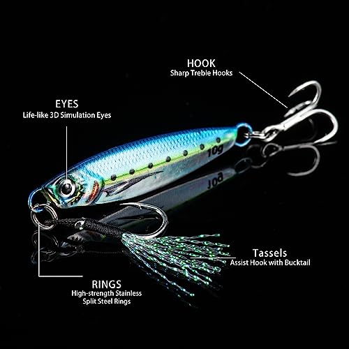 Goture Fishing Jigs,Vertical Jig Saltwater, Jig Fishing Lures with Assist Hook and Treble Hook, 7g-80g Fishing Jigging Spoon Lures for Tuna,Salmon,Sailfish,StripedBass,Grouper Snapper,Kingfish - size: 0.88oz/25g