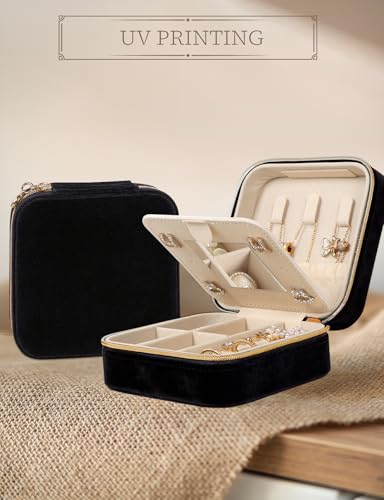 MFXIP Plush Velvet Travel Jewelry Case Small Jewelry Box Jewelry Organizer Storage Case Portable Jewelry Travel Case for Girls Womens Earring, Necklace, Rings,Bracelets with Mirror - color: Dark Black