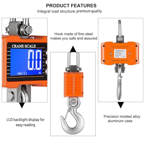 Geevorks Digital Hanging Scales Portable Heavy Duty Crane Scale,Industrial Precision Digital Hanging Scale1000KG (2204lbs),LCD Backlight,with Unit Change/Data Hold/Tare/Zero