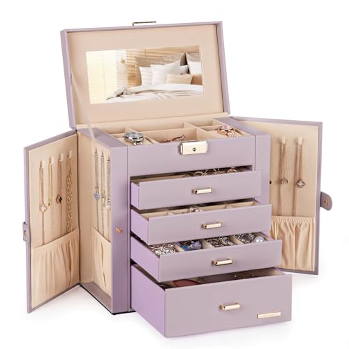 Homde Synthetic Leather Huge Jewelry Box Mirrored Watch Organizer Necklace Ring Earring Storage Lockable Gift Case (Grey Purple + Gold) - color: Grey Purple + Gold