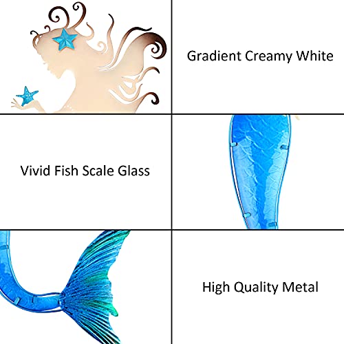 John's Studio Mermaid Wall Decor Outdoor Metal Fish Bathroom Hanging Art Glass Blue Ocean Theme Decorations for Home, Pool and Patio - color: Mermaid