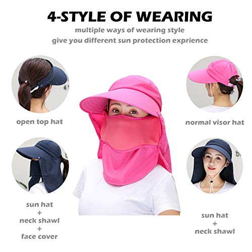 Women Wide Brim Face Mask Sun Hat Detachable Neck Face Flap Ponytail UV Protection Visor Hat Garden Fishing Hiking - color: A4-shun005-navy