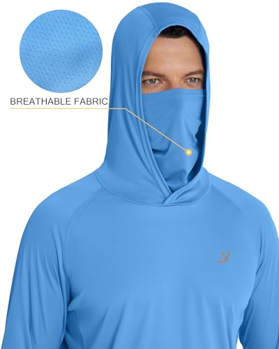 Roadbox Men's UPF 50+ Hooded Fishing Shirts Long Sleeve Sun Protection Hoodie, Hiking Running Swimming Rash Guard with Mask - color: Medium Blue, size: X-Large