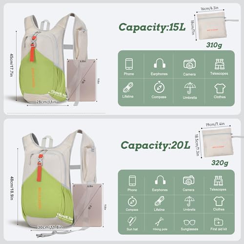 BECOJADDE 15L Small Hiking Backpack for Men Women Foldable Packable Back Pack Ultralight Hiking Daypack for Travel Camping Outdoor, Beige Green - color: Beige Green, size: 15L
