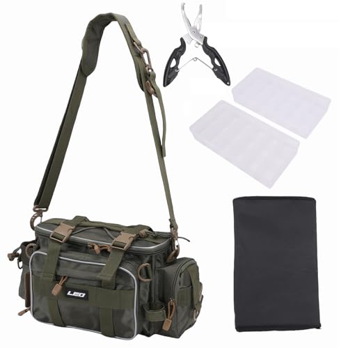 Fishing Tackle Bag with 2 Storage Boxes - watertight Shoulder Bag with Adjustable Straps, 23-Tray Organizer for Lures, Hooks & Fishing Gear Accessories (Green) - color: Green