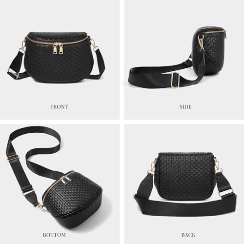 Woven Vegan leather Crossbody Bags For Women, Checkered Fashion PU Bum Bag Waist Pack, Travel Sling Purse with Adjustable Strap（Dark Black) - color: Dark Black
