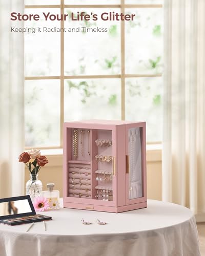 Glimmloop 360° Rotating Jewelry Box with 5 Drawers, Spacious Vertical Jewelry Organizer with Glass Window, Jewelry Storage Case, Dustproof & Moisture-resistant Design, Pink - color: Pink, size: 5 Drawers (6.2"D x 9.2"W x 11.4"H)