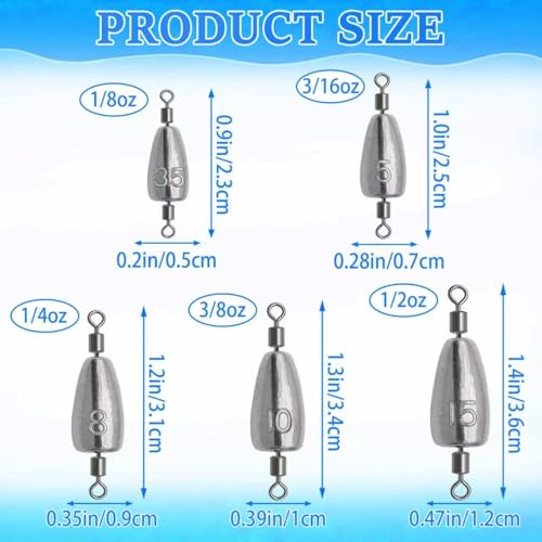 15Pcs Fishing Weights Sinkers Inline Trolling Fishing Weights with Inner Swivels Bullet Sinkers Fishing Weights for Saltwater Freshwater Fishing - size: 3/16oz