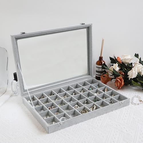 Wudygirl Jewelry Organizer Velvet Jewelry Box 40 Grid Earring Holder Organizer with Lid Ring Holder Ring Display Case Adjustable (Gray) - color: Gray, size: 40 Grid