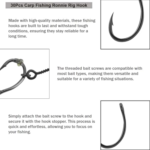30 Pcs Carp Fishing Ronnie Rig Hook Bait Stoppers and Screws Terminal Tackle Set for Easy Bait Connection Carp Fishing Accessories Equipment Kit