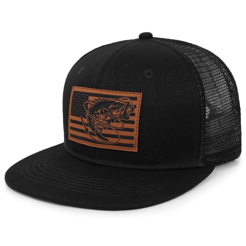 Fishing Gifts for Men - Snapback & Trucker Hats - American Flag Outdoor Fishing Hat - color: 10.balck Flatbrim Mesh (Bassflag)