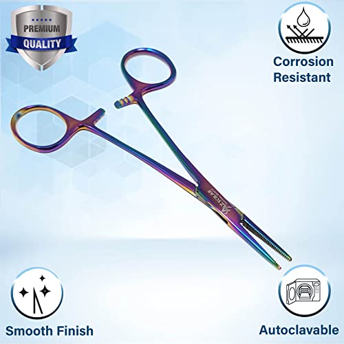 Mosquito Hemostat Locking Forceps 5" Straight with Full Serrated Jaws Ideal for Clamping, Fishing, Firefighters Nurses Doctors + More (Multi Color) - color: Multi Color