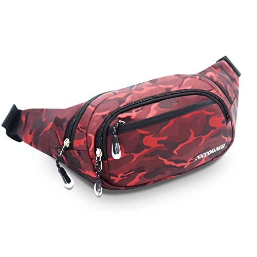 Crossbody Fanny Packs for Women, 5-Zipper Pockets Water Resistant Practical Waist Bag, for Outdoor Running Cycling Sports Travel Hiking Camping Fishing Fashionable Belt Bags - color: Fashion claret