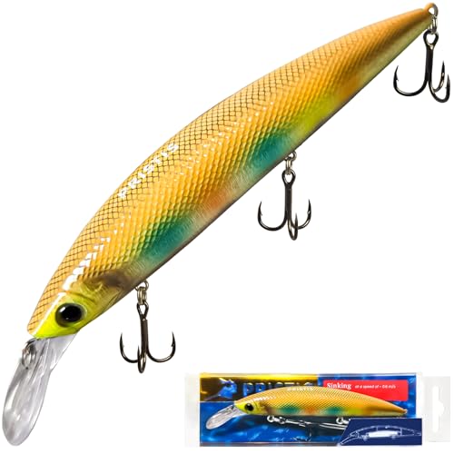 Pristis Minnow Fishing Lure, Long Casting Crankbait with Sharp Treble Hooks, Saltwater Freshwater Hard Bait Plug Set Tackle Kit with Precise Weight & Exquisite Coating for Crappie Bass Pike - color: Sinking-Verdant Green
