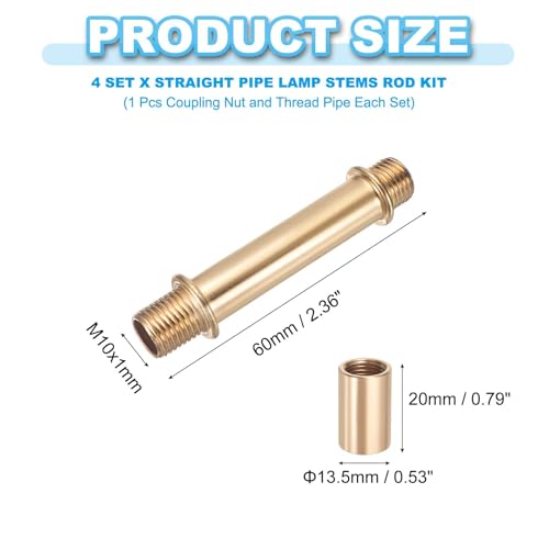 PATIKIL Straight Pipe Lamp Stems Rod Kit, 4 Set M10 Carbon Steel 60mm(2.36") Long Double End Thread Rod with Coupling Nuts Sleeve Connector for Table Lamps Chandeliers,Gold - color: Gold, size: 60mm(2.36")
