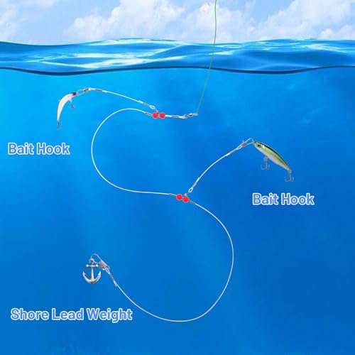 12 Pcs Double Drop Saltwater Fishing Rig - Pre-Tied 2 Hook Bottom Fishing Rigs with Swivels and Snaps - 90lb Mono Leader Line for Snapper, Bass, Mackerel, Catfish, Surf Pier Boat