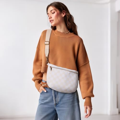 KALIDI Checkered Crossbody Bags for Women Travel Flat Fanny Packs for Woman Men Nylon Cross Body Purse Fashion Belt Bum Bag - color: Beige Checkered